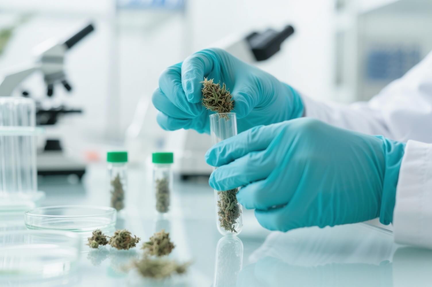 Scientist putting medical marijuana into a test tube