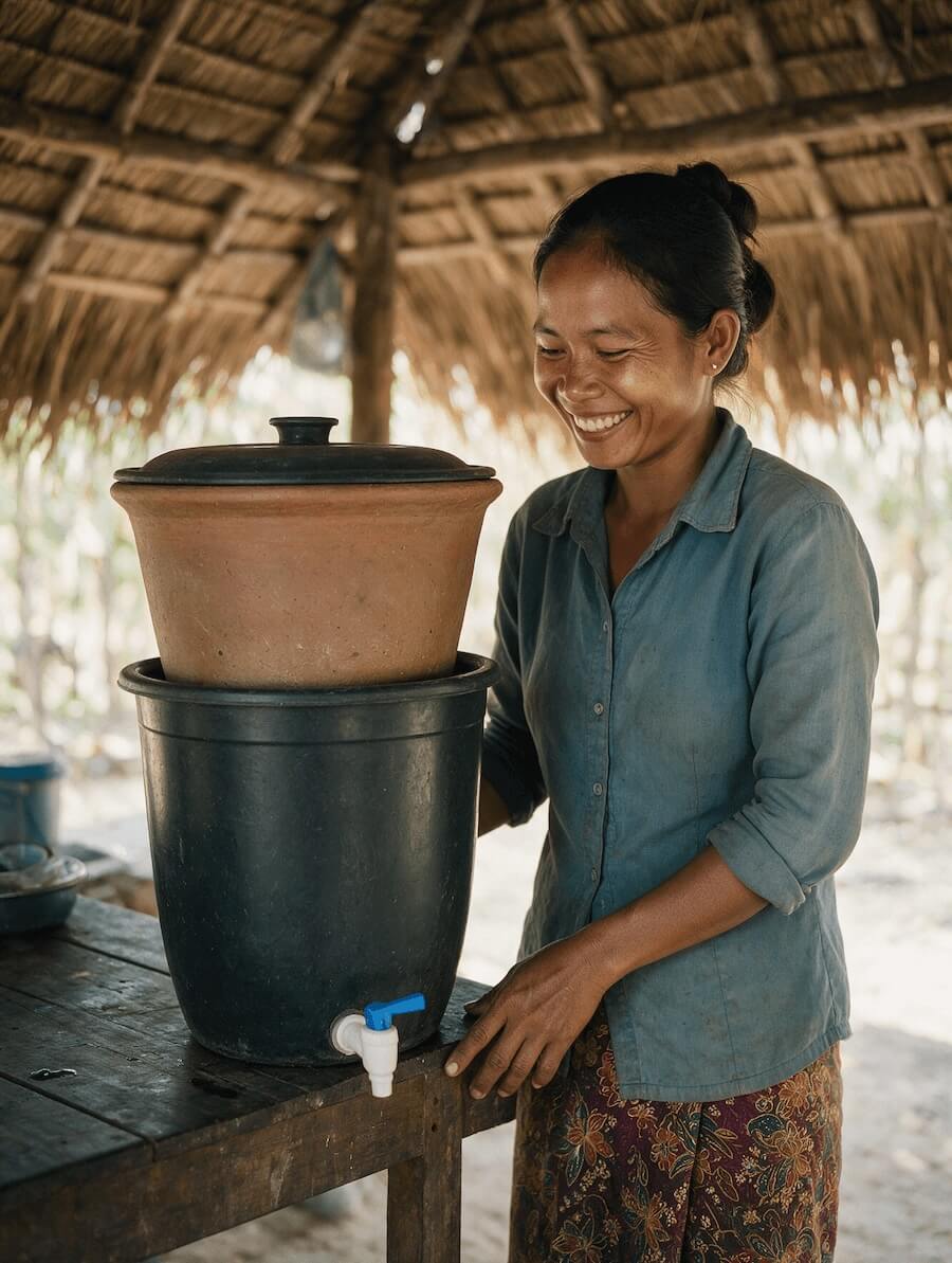 Cambodian woman with ceramic water filter - AI generated
